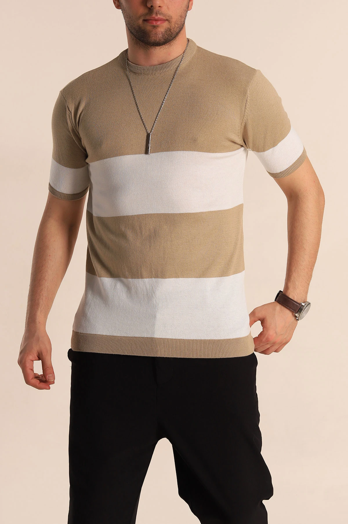 Vizon Beyaz Geniş Çizgili Slim Fit Erkek Triko Tişört 260934