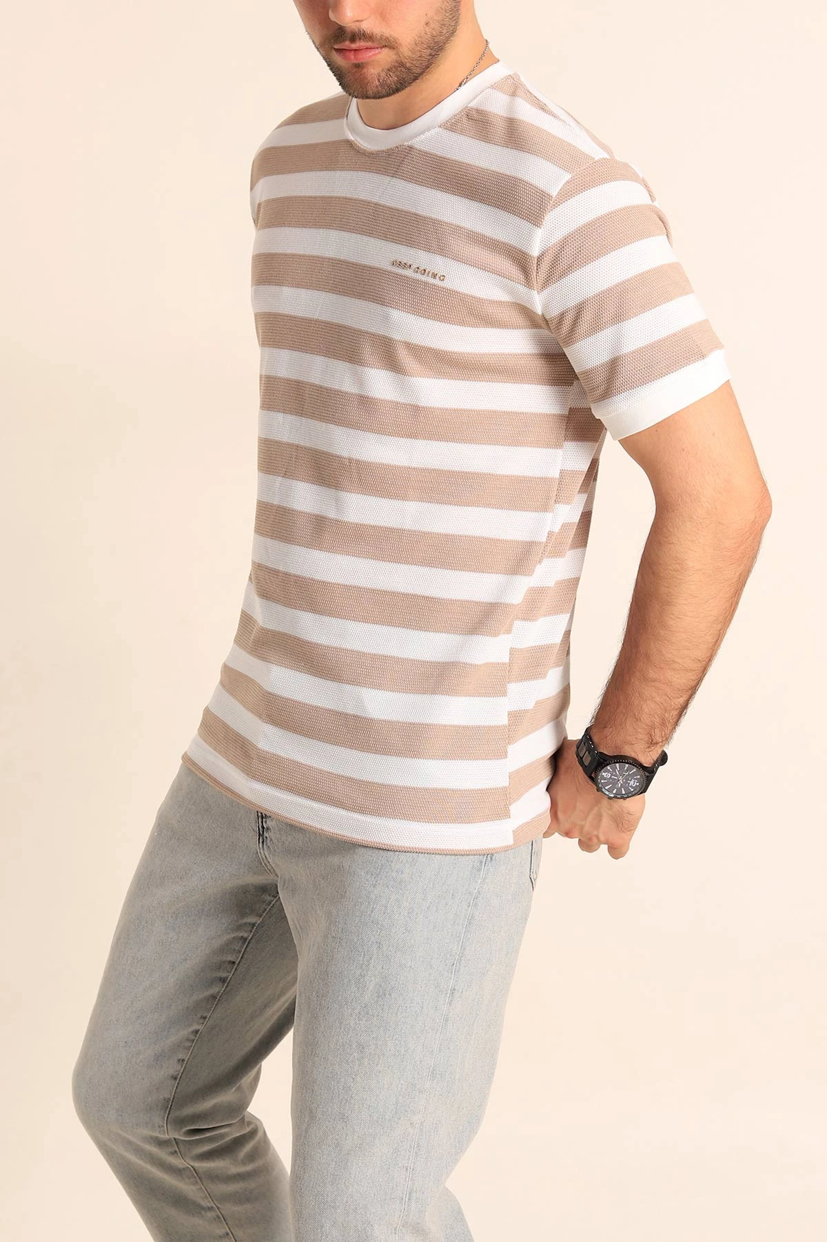 Vizon Beyaz Regular Fit Çizgili Yazı Detay Erkek Tişört 252185
