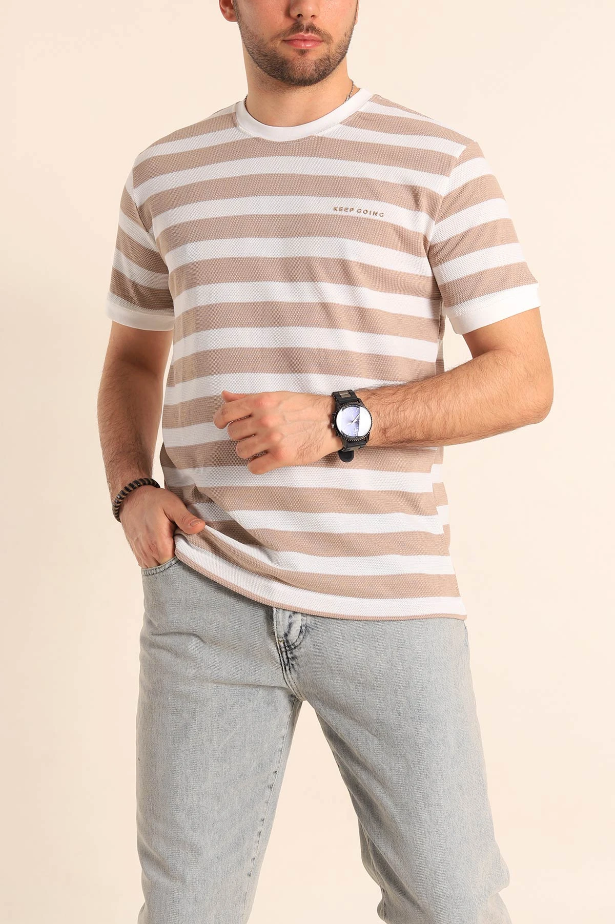 Vizon Beyaz Regular Fit Çizgili Yazı Detay Erkek Tişört 252185