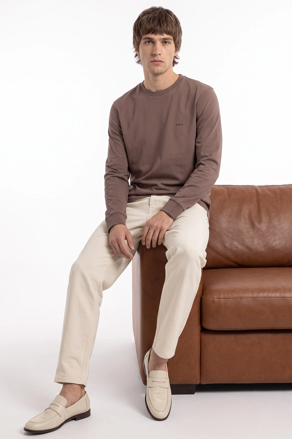 Vizon Bisiklet Yaka Yazı Detaylı Erkek Sweatshirt 492044
