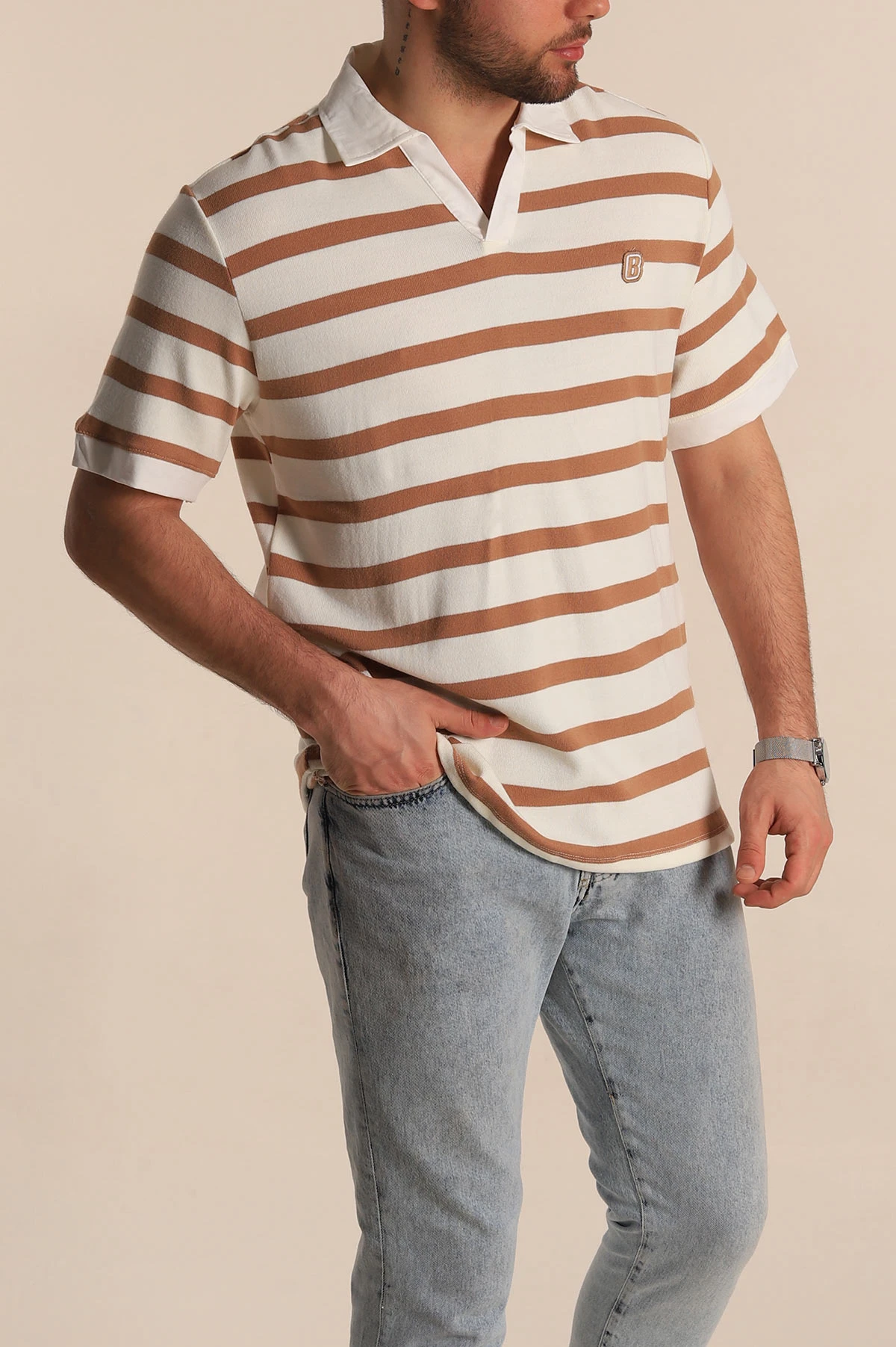 Vizon Çizgili Oversize Polo Yaka Erkek Tişört 272822
