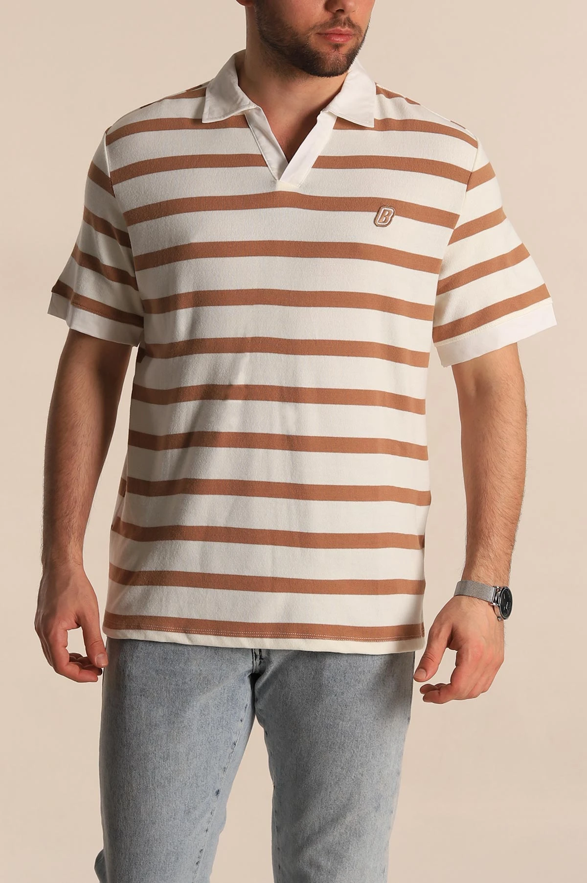 Vizon Çizgili Oversize Polo Yaka Erkek Tişört 272822