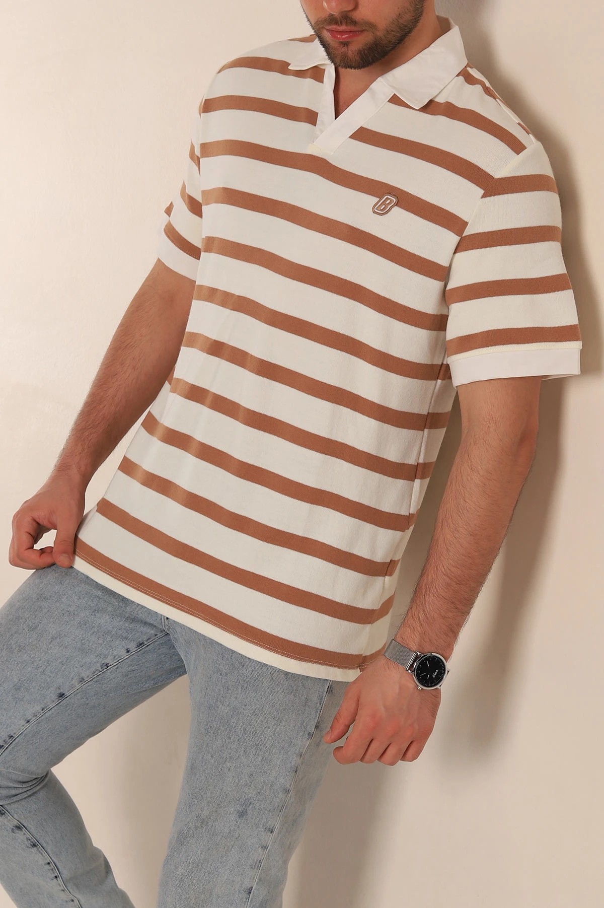 Vizon Çizgili Oversize Polo Yaka Erkek Tişört 272822