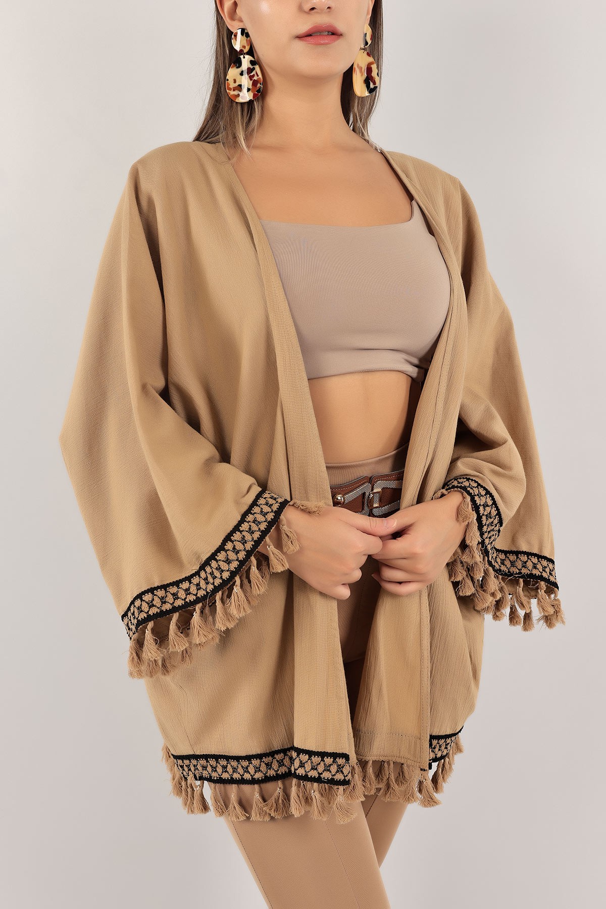 Vizon Dantelli Keten Kimono Hırka 124769