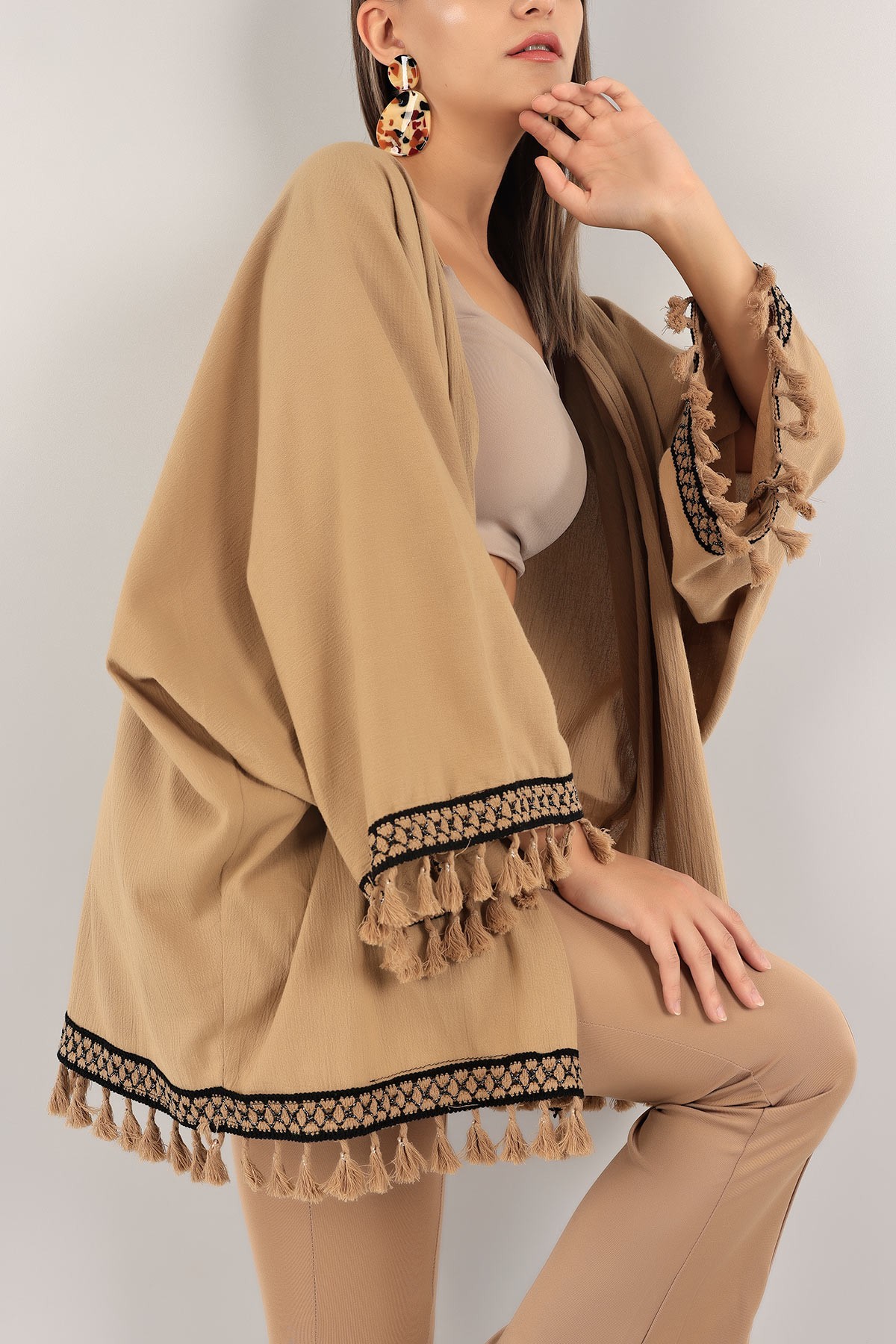 Vizon Dantelli Keten Kimono Hırka 124769