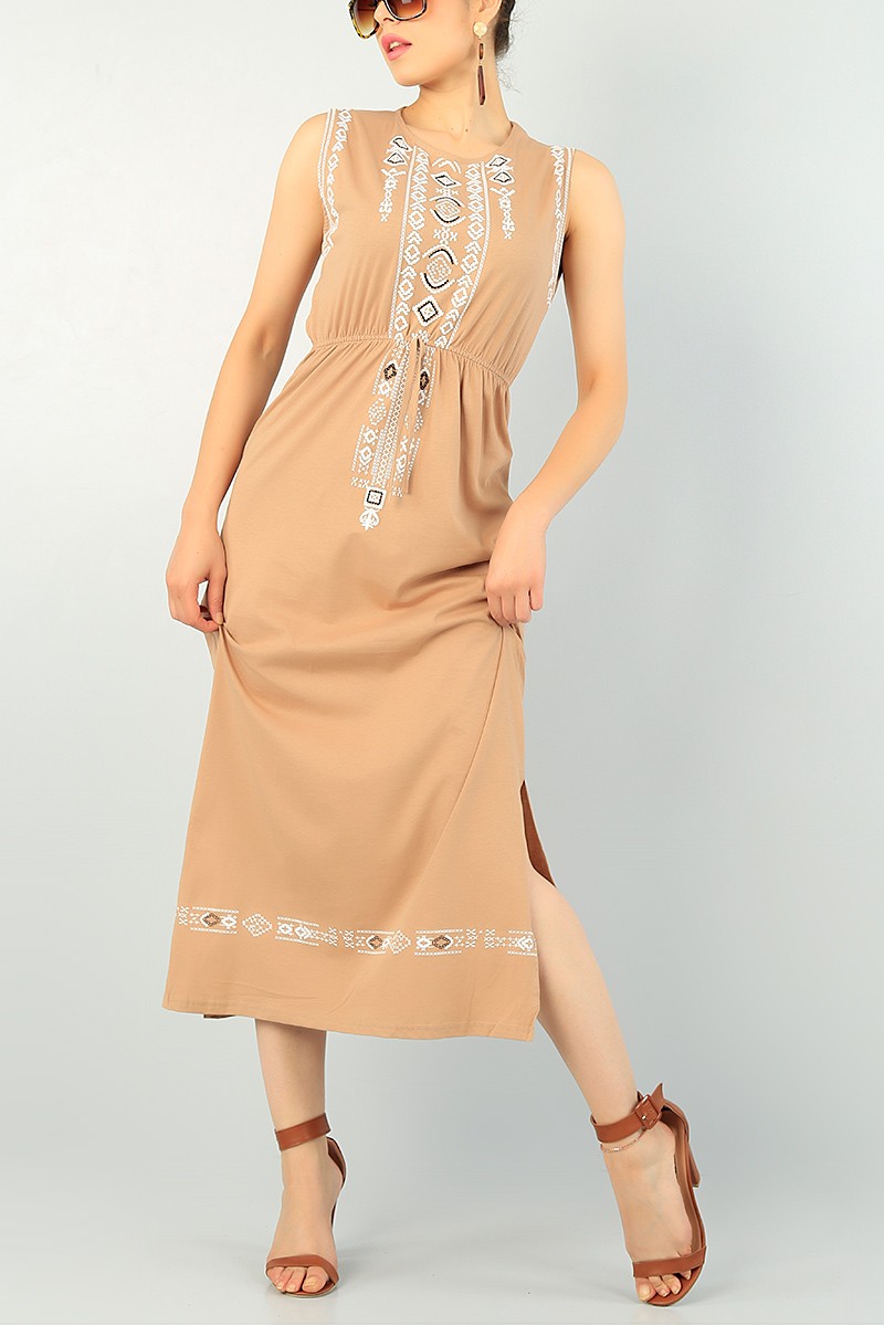 Vizon Desenli Beli Lastikli Elbise 71772