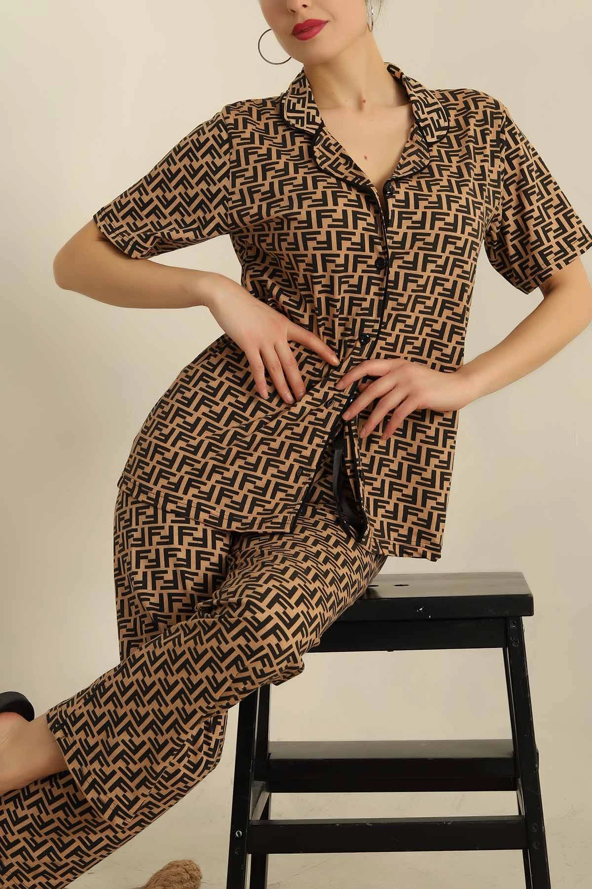 Vizon Düğmeli Desenli Bayan Pijama Takımı 258528