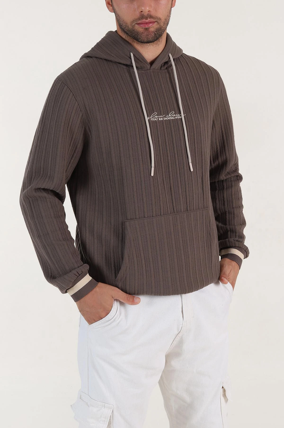 Vizon Fitilli Yazı Detaylı Kapüşonlu Erkek Sweatshirt 396199