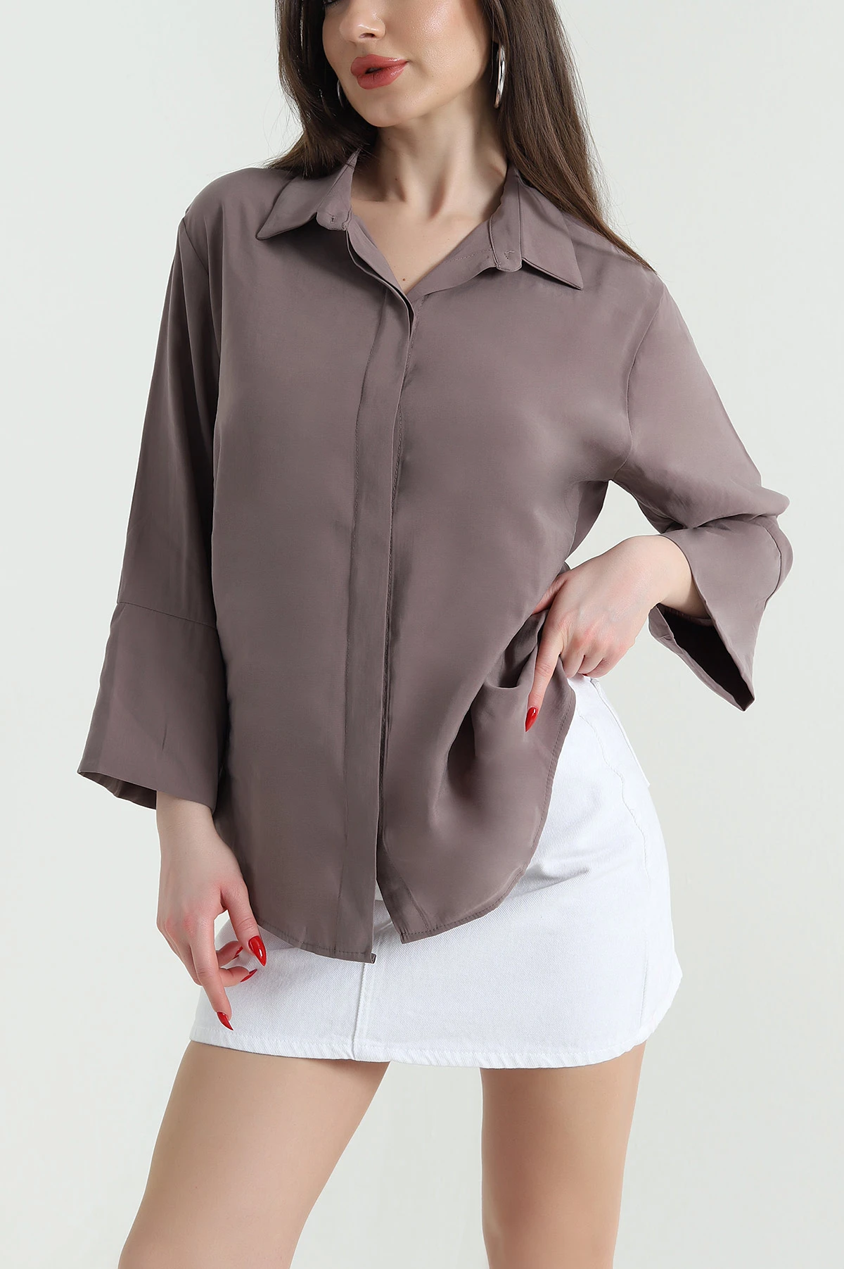 Vizon Gizli Pat Oversize Modal Kadın Gömlek 440203