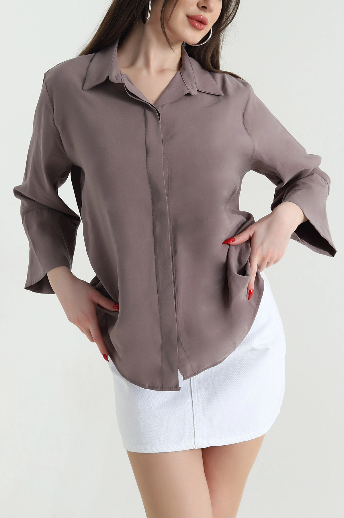 Vizon Gizli Pat Oversize Modal Kadın Gömlek 440203