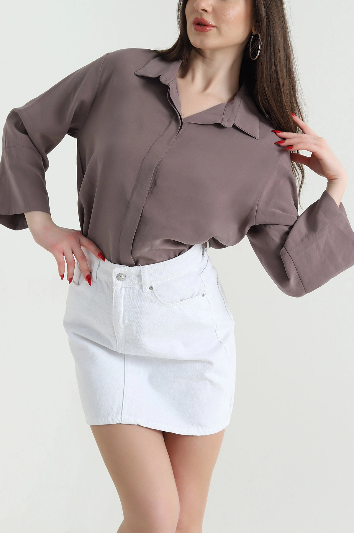 Vizon Gizli Pat Oversize Modal Kadın Gömlek 440203