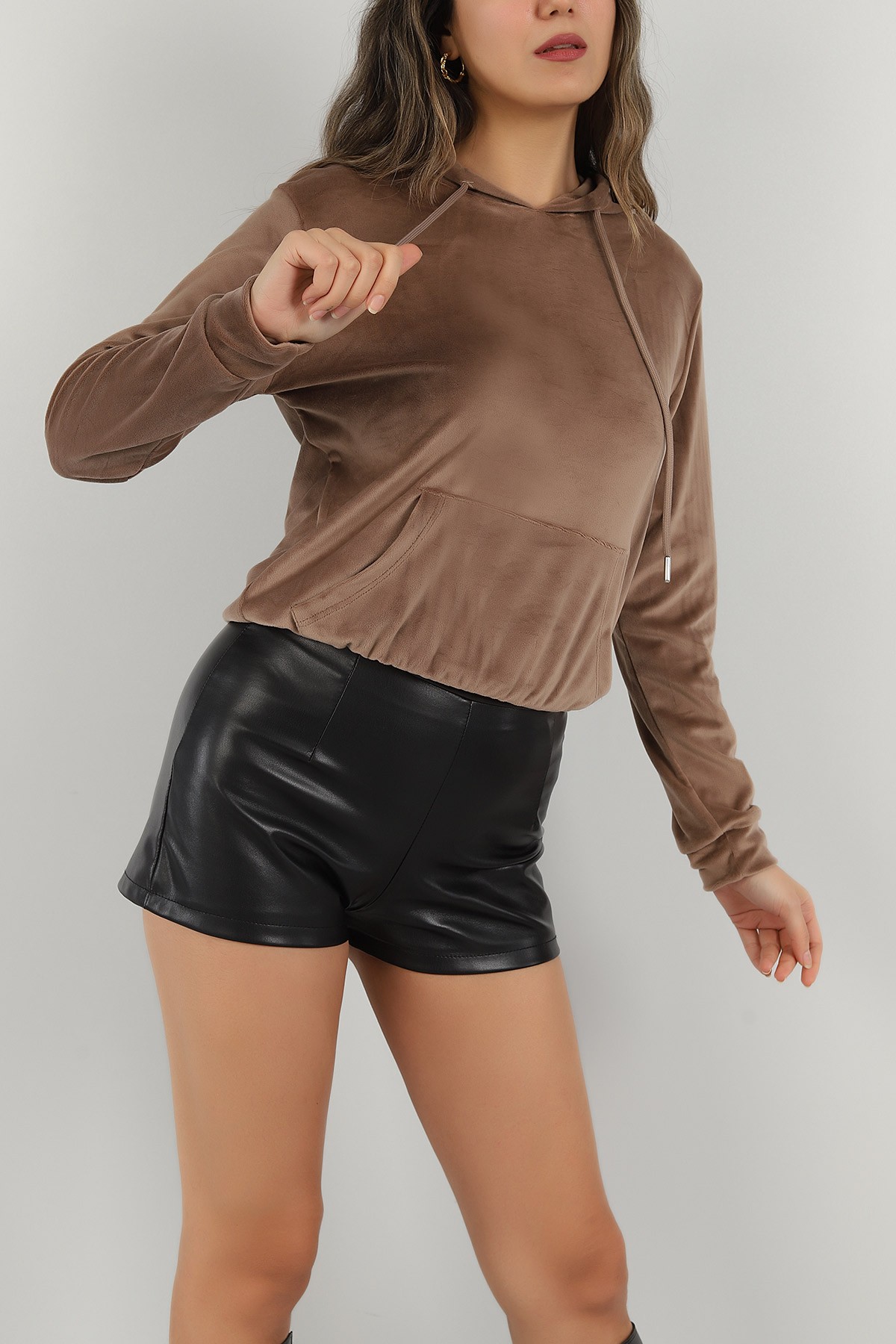 Vizon Kadife Kapüşonlu Bayan Sweat 147290