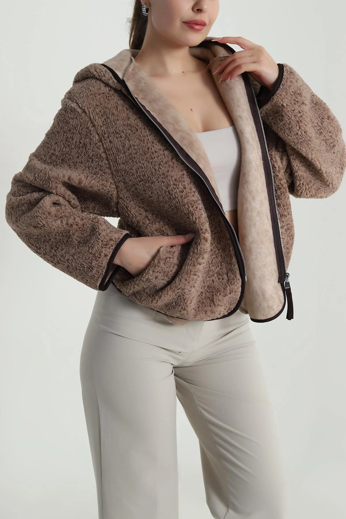 Vizon Kapşonlu Teddy Kadın Mont 488791