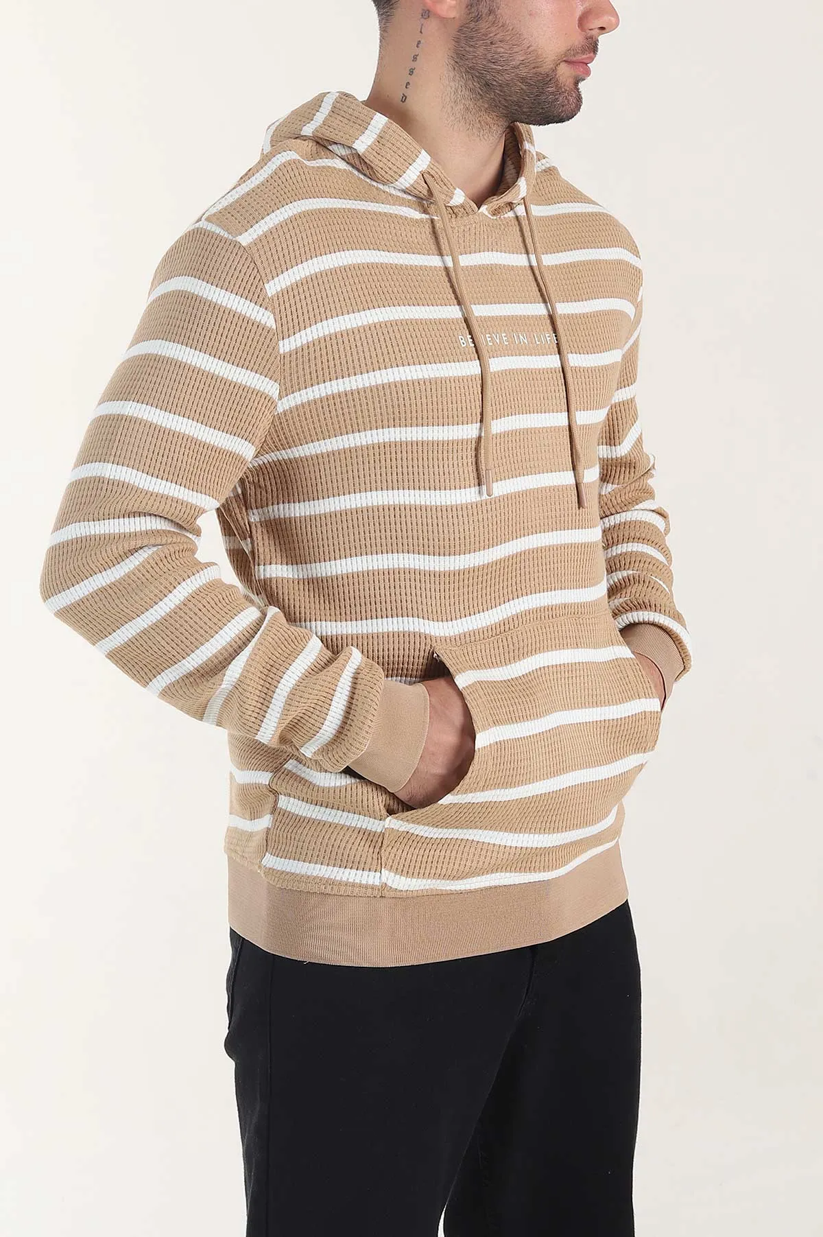 Vizon Kapüşonlu Yazı Detaylı Çizgili Erkek Sweatshirt 407971