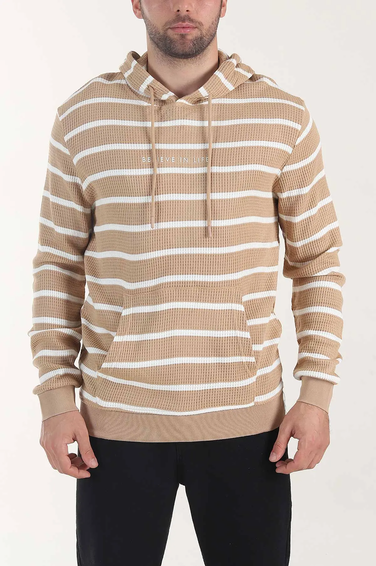 Vizon Kapüşonlu Yazı Detaylı Çizgili Erkek Sweatshirt 407971