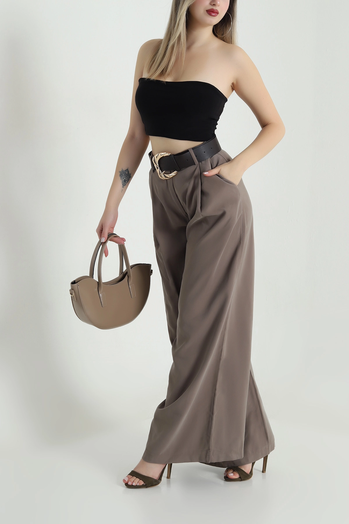 Vizon Kemerli Bol Paça Kadın Modal Pantolon 489204