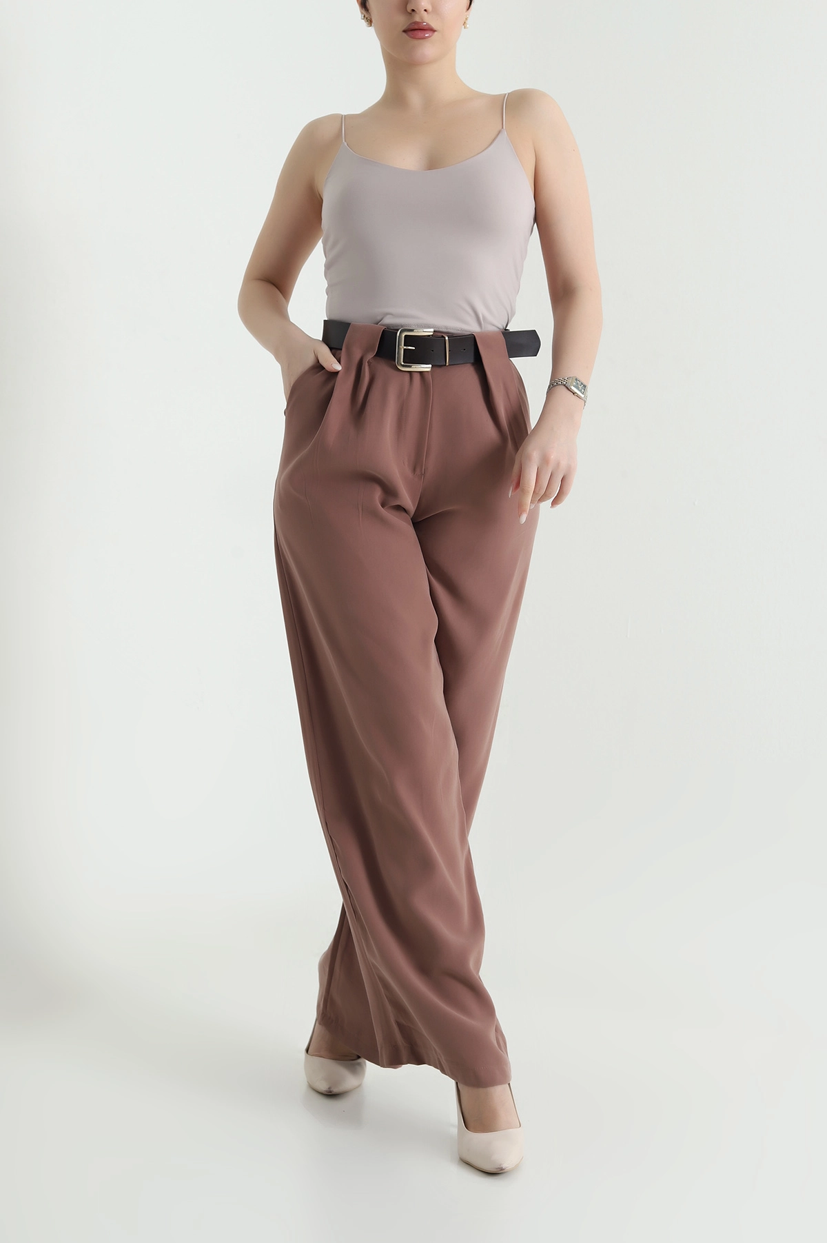 Vizon Kemerli Kadın Diagonal Modal Salaş Pantolon 447819