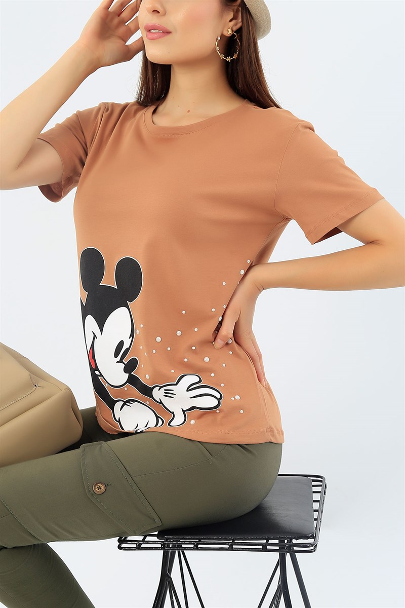 Vizon Mickey Baskılı İşlemeli Bayan Tişört 37275