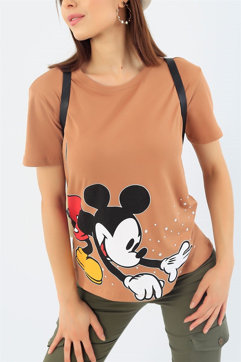 Vizon Mickey Baskılı İşlemeli Bayan Tişört 37275