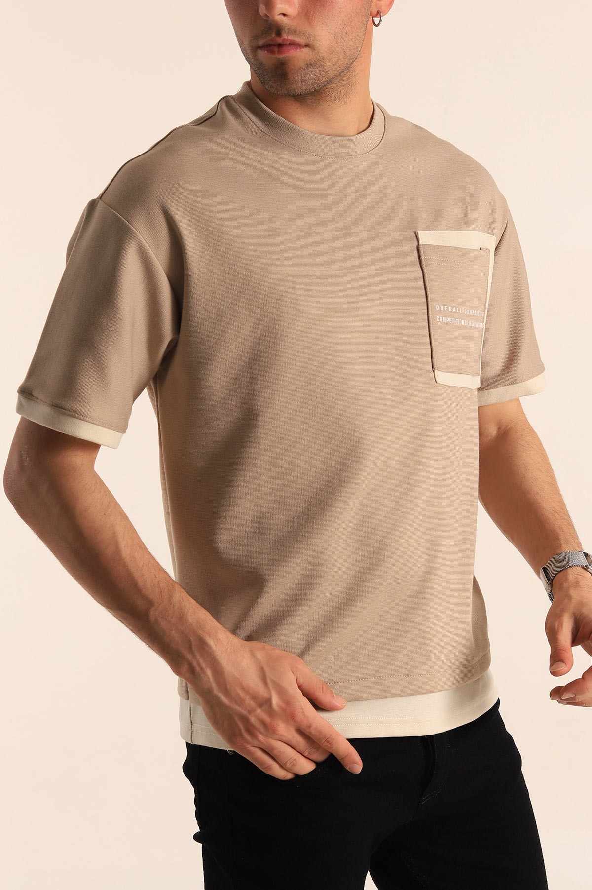 Vizon Oversize Çift Renk Cepli Erkek Tişört 181830