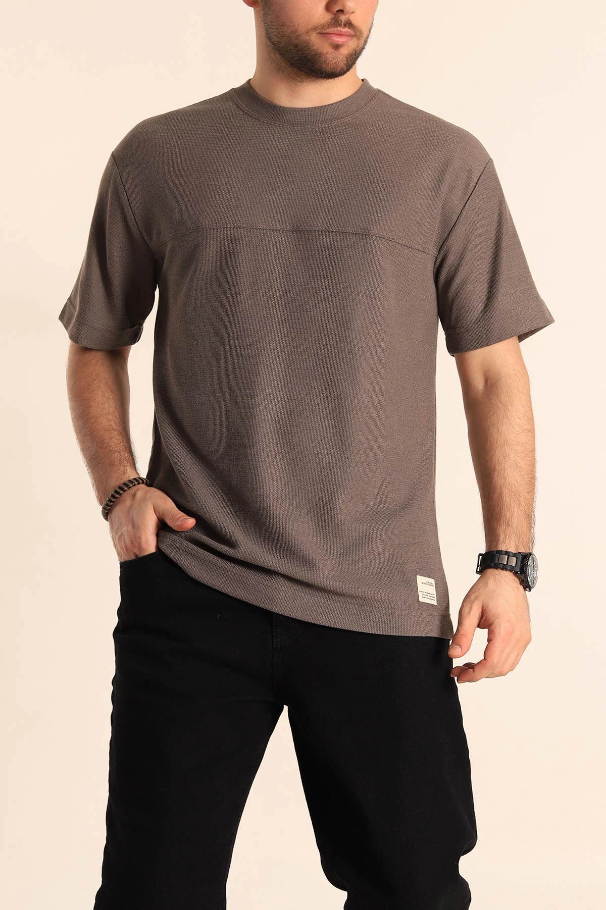 Vizon Oversize Jakarlı Dikiş Detaylı Erkek Tişört 253352