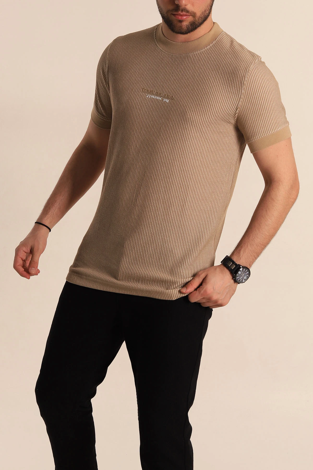 Vizon Regular Fit Çizgi Dokulu Yazı Detay Erkek Tişört 268724