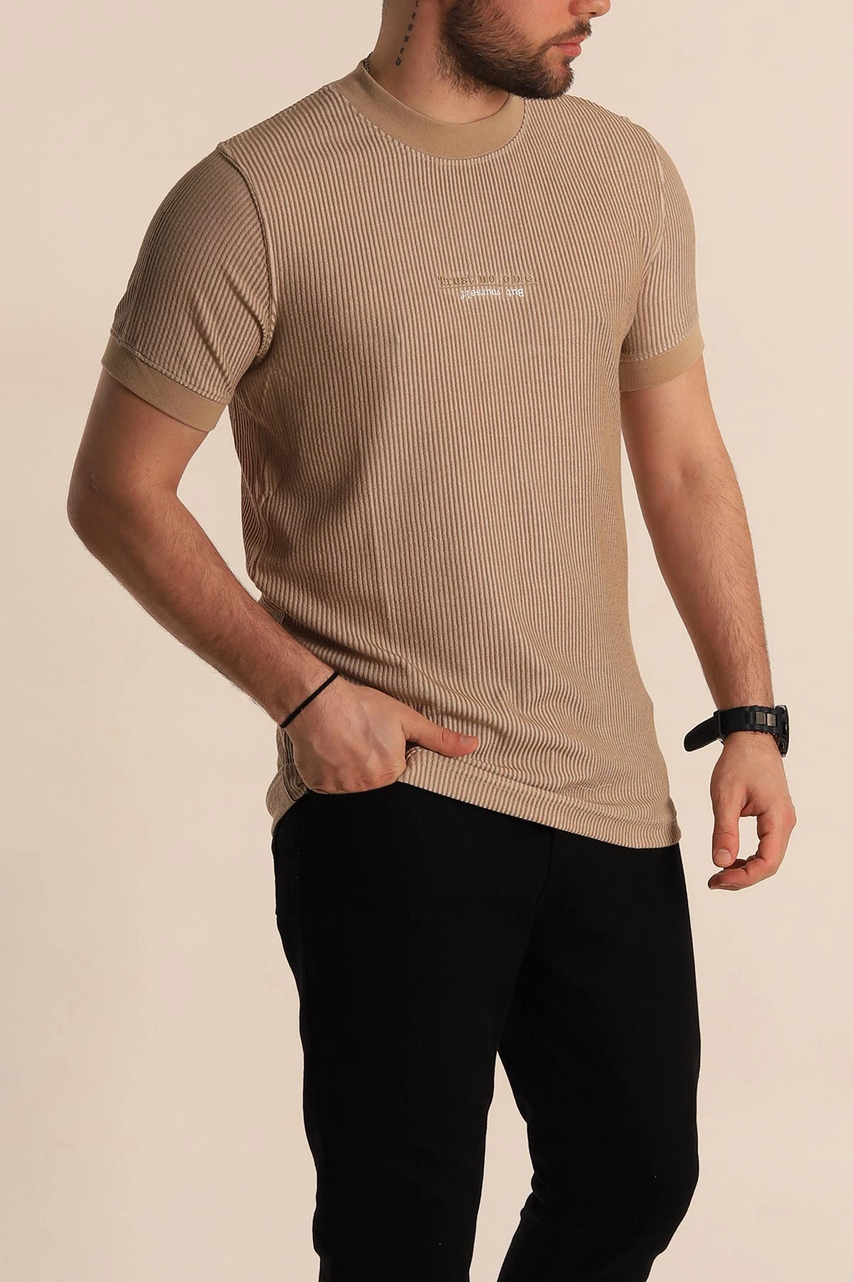 Vizon Regular Fit Çizgi Dokulu Yazı Detay Erkek Tişört 268724