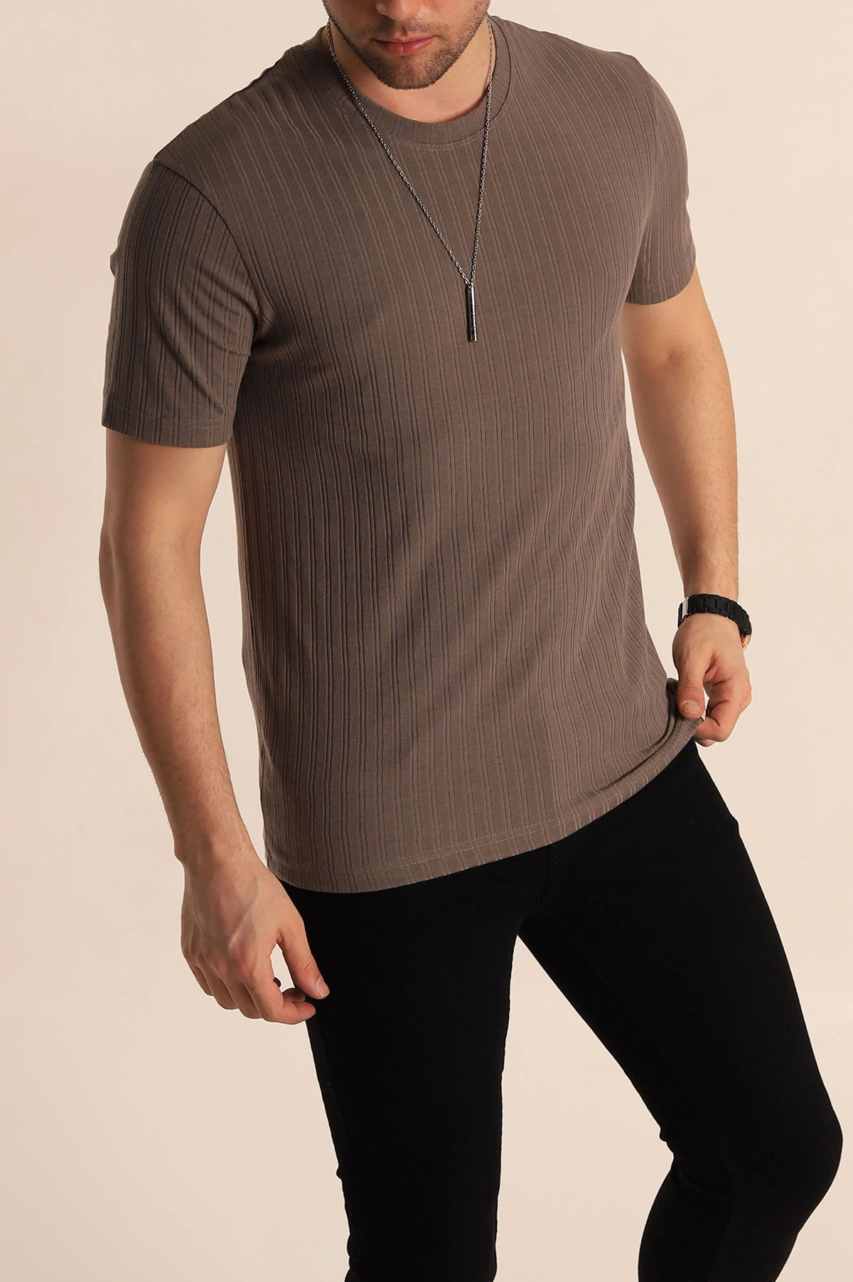 Vizon Regular Fit Jakarlı Çizgi Dokulu Erkek Tişört 260479