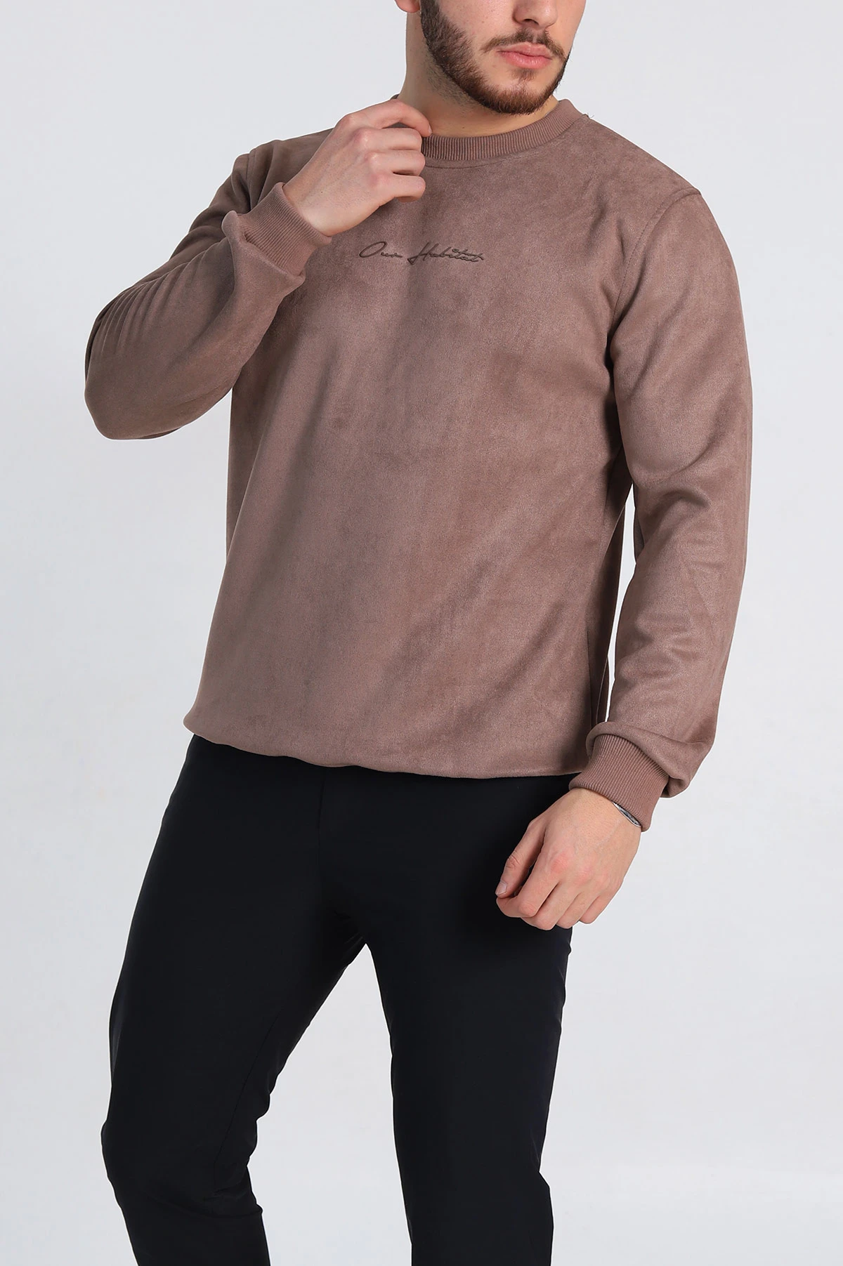 Vizon Regular Fit Süet Kabartma Yazı Detaylı Erkek Sweatshirt 305860
