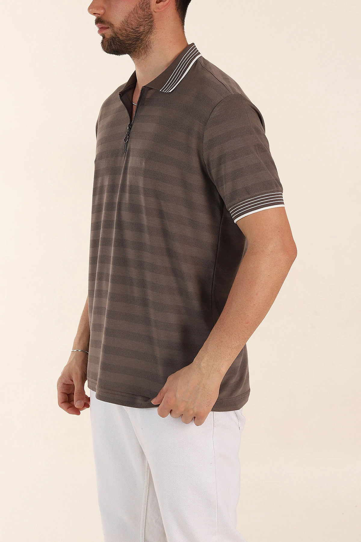 Vizon Relaxed Fit Çizgi Dokulu Fermuarlı Polo Yaka Basic Erkek Tİşört 370233