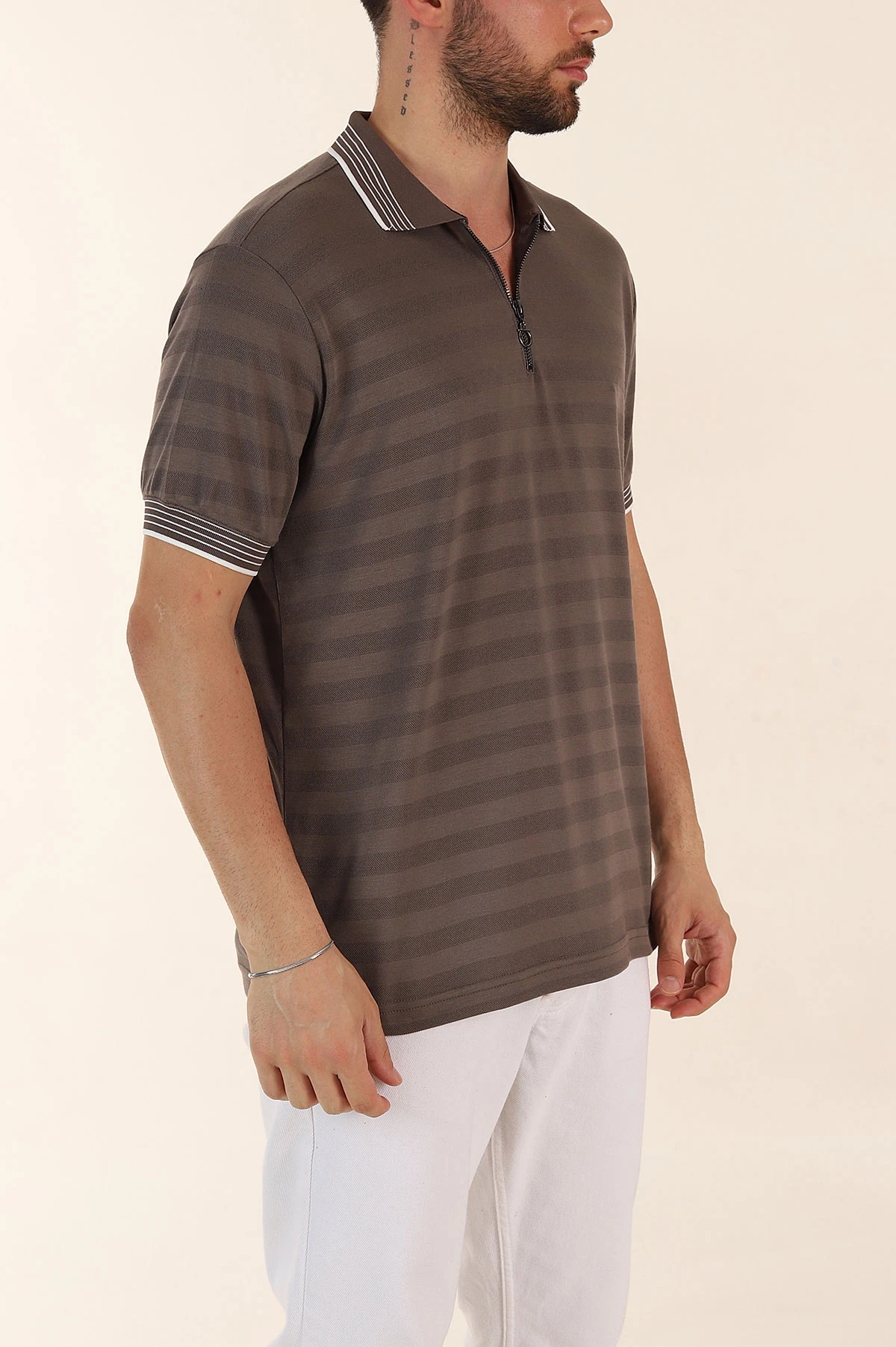 Vizon Relaxed Fit Çizgi Dokulu Fermuarlı Polo Yaka Basic Erkek Tİşört 370233