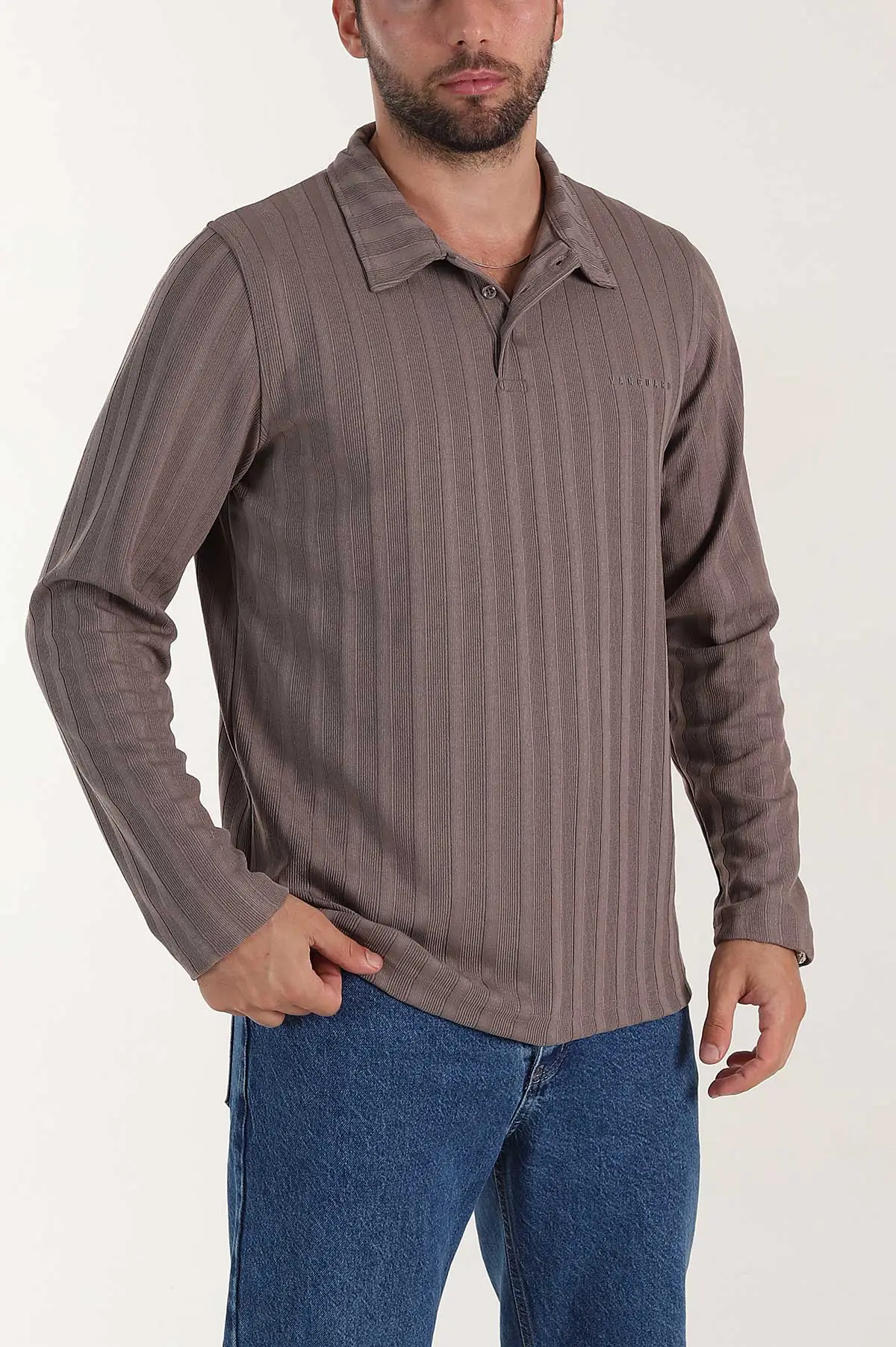 Vizon Relaxed Fit Jakarlı Kumaş Yazı Detay Polo Yaka Erkek Sweatshirt 399383