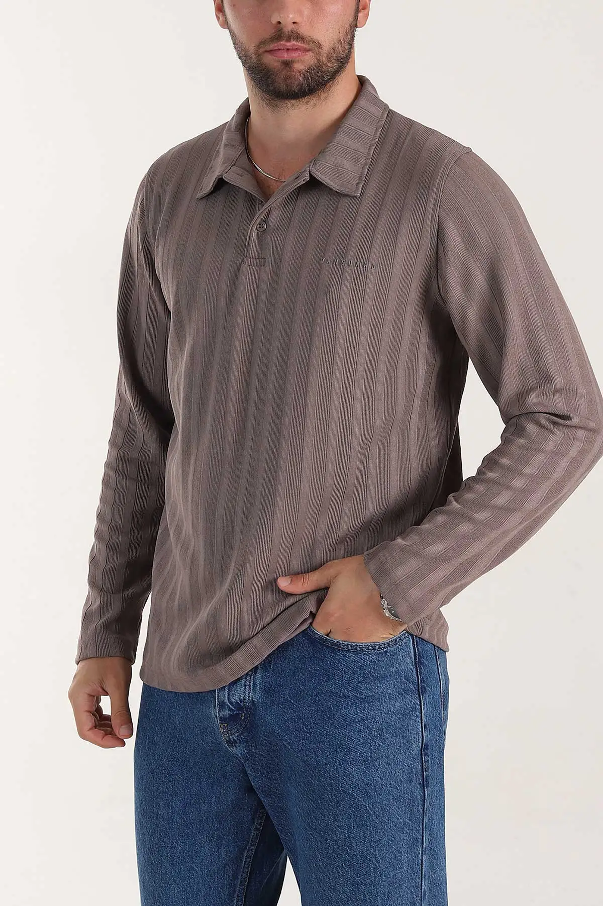 Vizon Relaxed Fit Jakarlı Kumaş Yazı Detay Polo Yaka Erkek Sweatshirt 399383