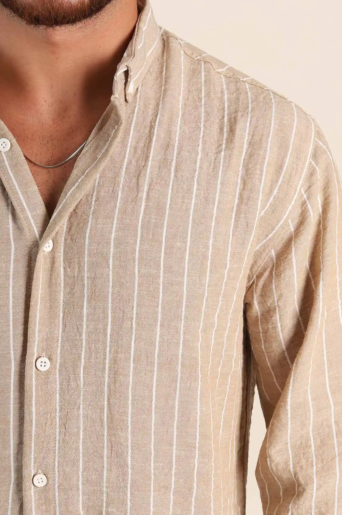 Vizon Relaxed Fit Keten Ata Yaka Çizgili Erkek Gömlek 376956