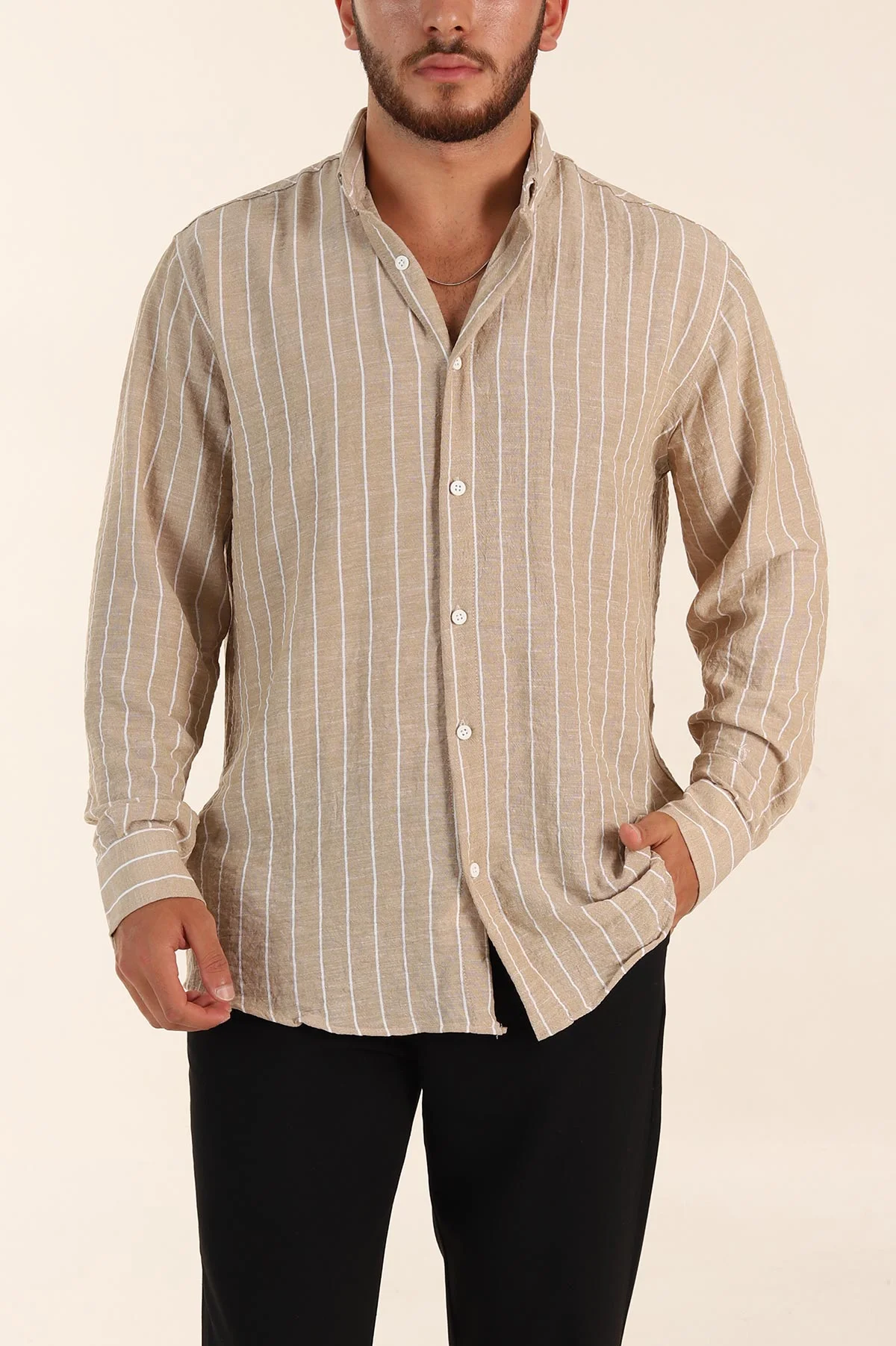 Vizon Relaxed Fit Keten Ata Yaka Çizgili Erkek Gömlek 376956