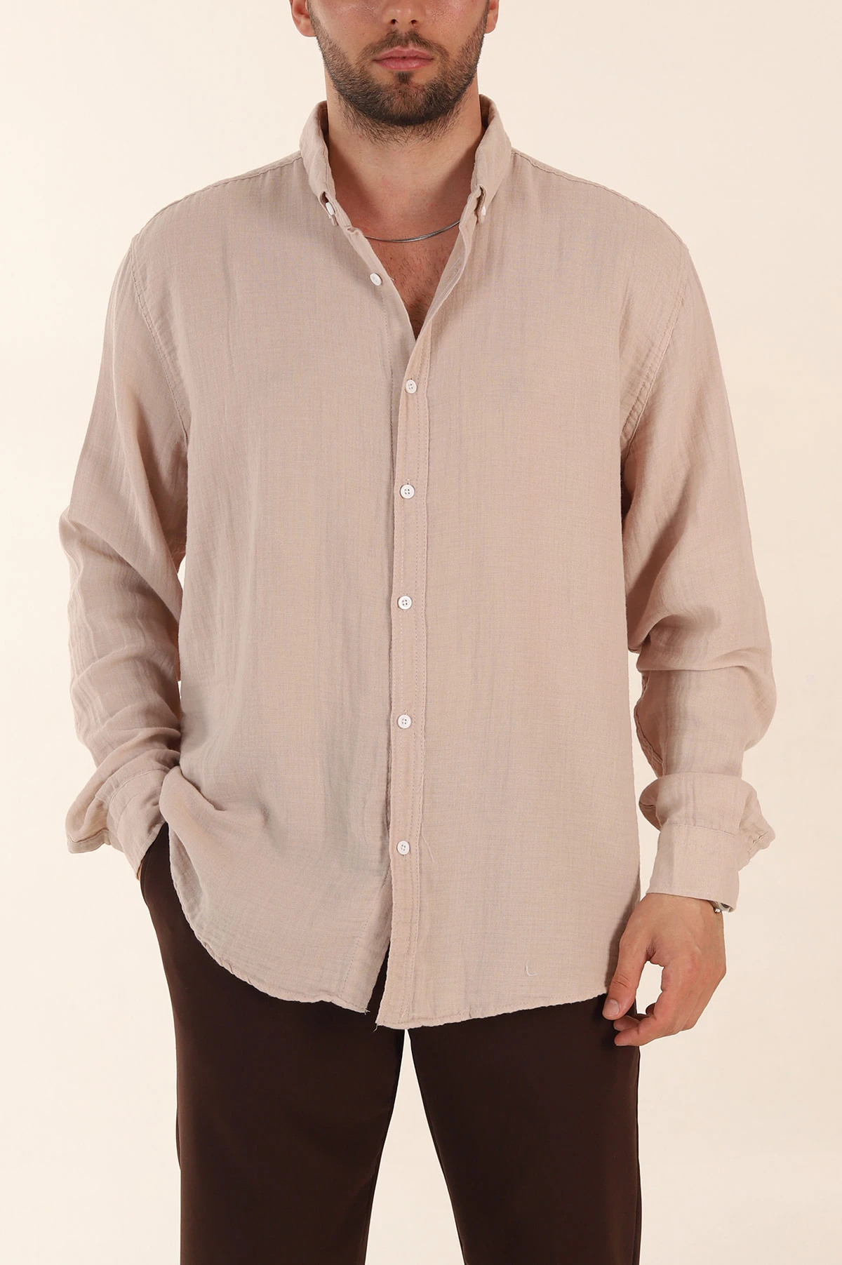Vizon Relaxed Fit Müslin Keten Ata Yaka Erkek Gömlek 371306