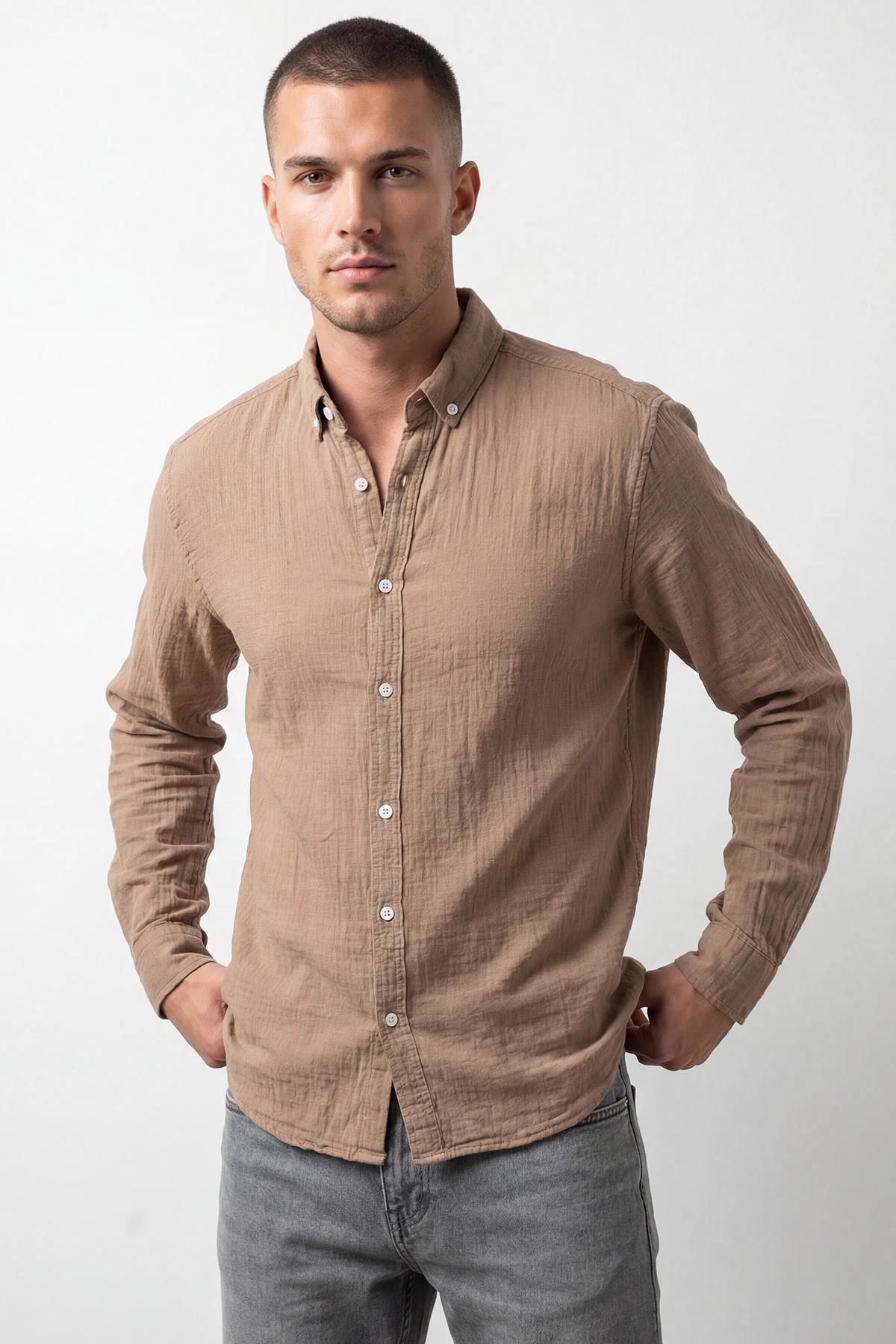 Vizon Relaxed Fit Müslin Keten Ata Yaka Erkek Gömlek 435752