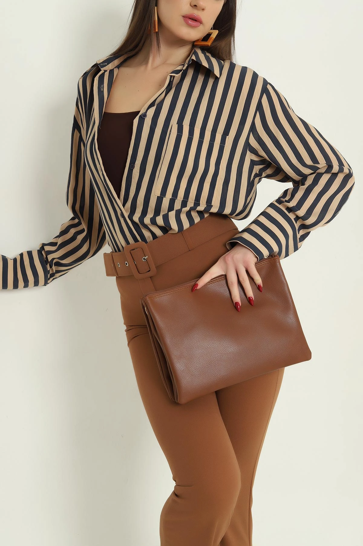 Vizon Saten Dokuma Geçişli Oversize Gömlek 334918