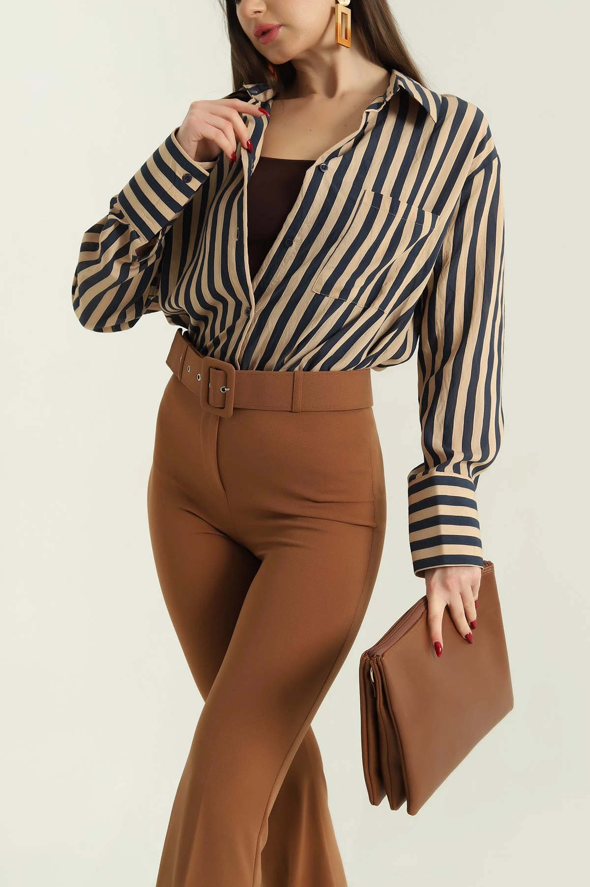 Vizon Saten Dokuma Geçişli Oversize Gömlek 334918