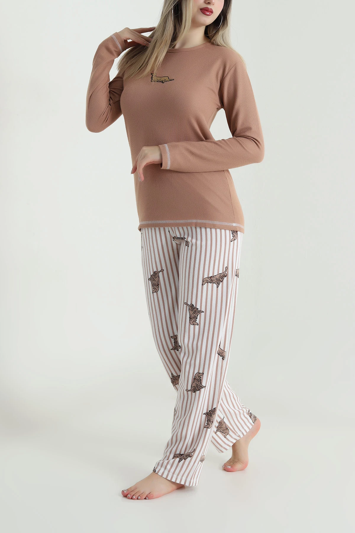 Vizon Sıfır Yaka Waffele Kadın Pijama Takımı 488902