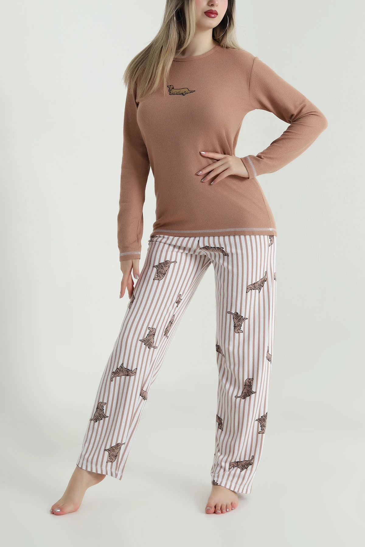 Vizon Sıfır Yaka Waffele Kadın Pijama Takımı 488902