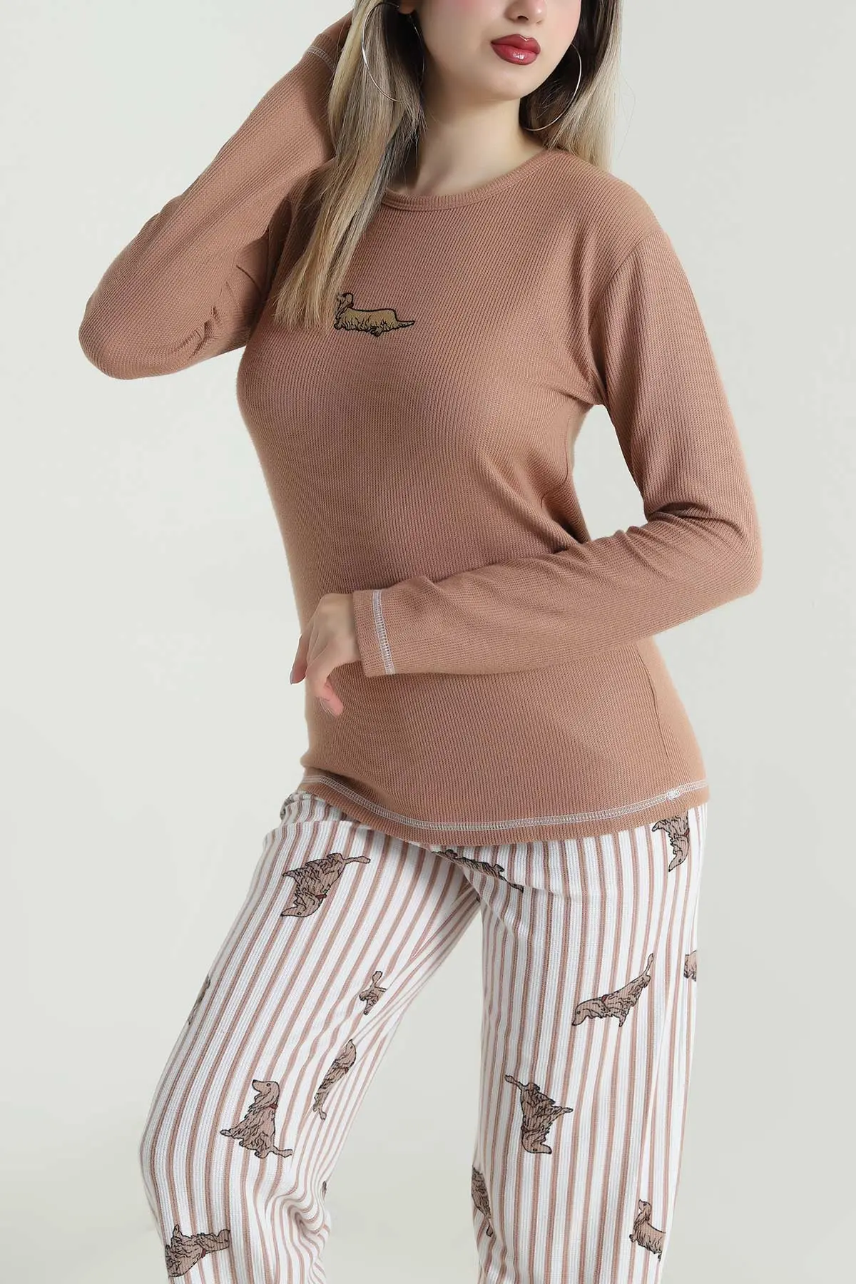 Vizon Sıfır Yaka Waffele Kadın Pijama Takımı 488902