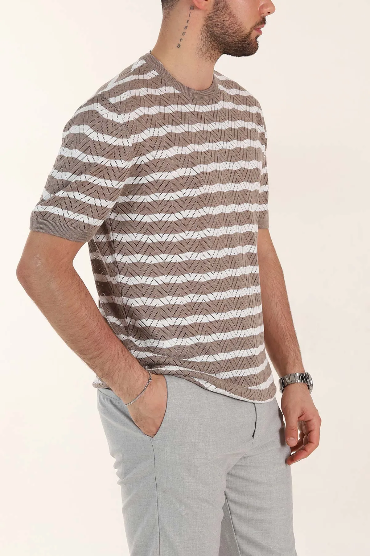 Vizon Slim Fit Çizgili Bisiklet Yaka Erkek Triko Tişört 358312