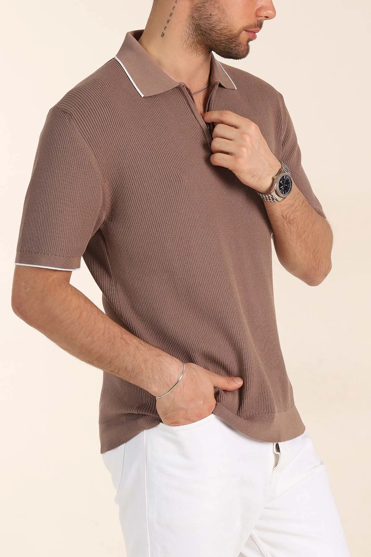 Vizon Slim Fit Dokulu Fermuarlı Polo Yaka Kısa Kollu Erkek Triko Tişört 338619