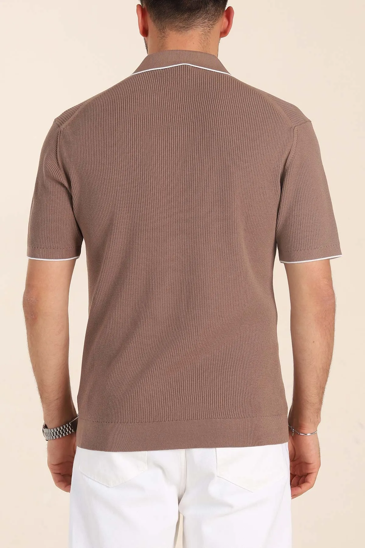 Vizon Slim Fit Dokulu Fermuarlı Polo Yaka Kısa Kollu Erkek Triko Tişört 338619