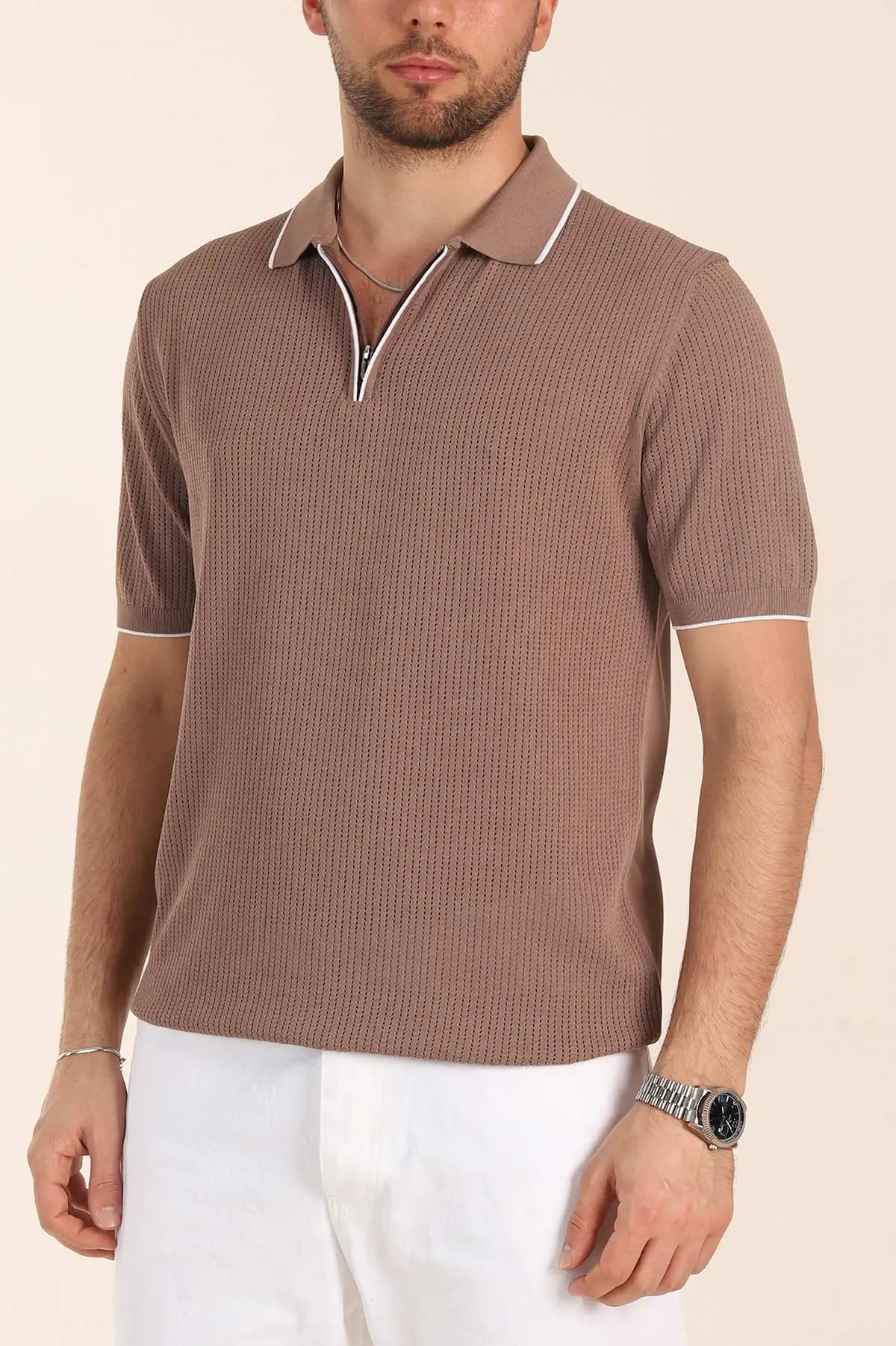 Vizon Slim Fit Fermuarlı Polo Yaka Kısa Kollu Erkek Triko Tişört 338565