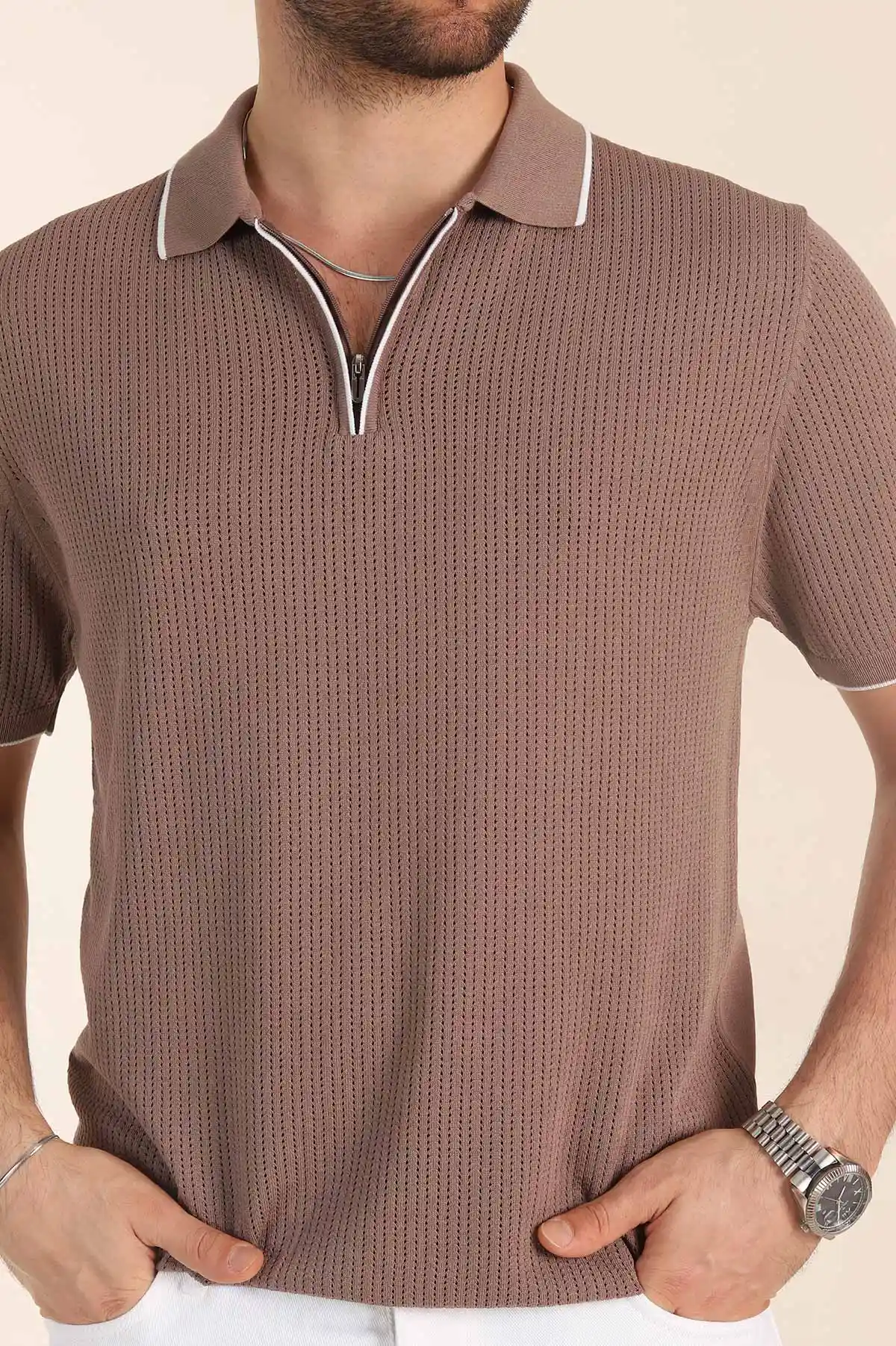 Vizon Slim Fit Fermuarlı Polo Yaka Kısa Kollu Erkek Triko Tişört 338565