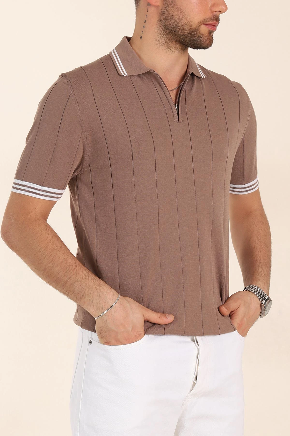 Vizon Slim Fit Likralı Fermuarlı Polo Yaka Kısa Kollu Triko Tişört 338555