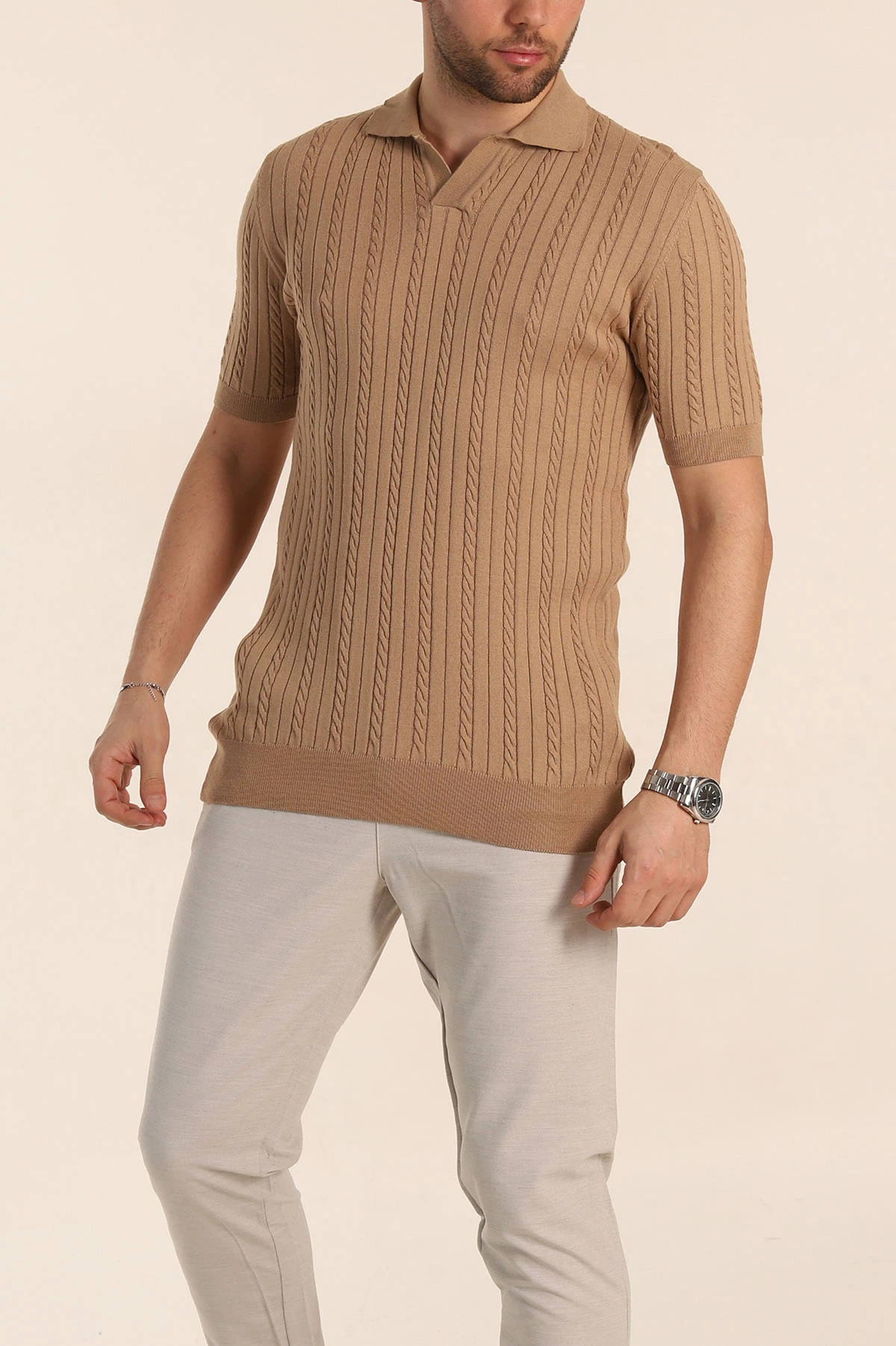 Vizon Slim Fit Örgü Desenli Polo Yaka Kısa Kollu Erkek Triko Tişört 338934