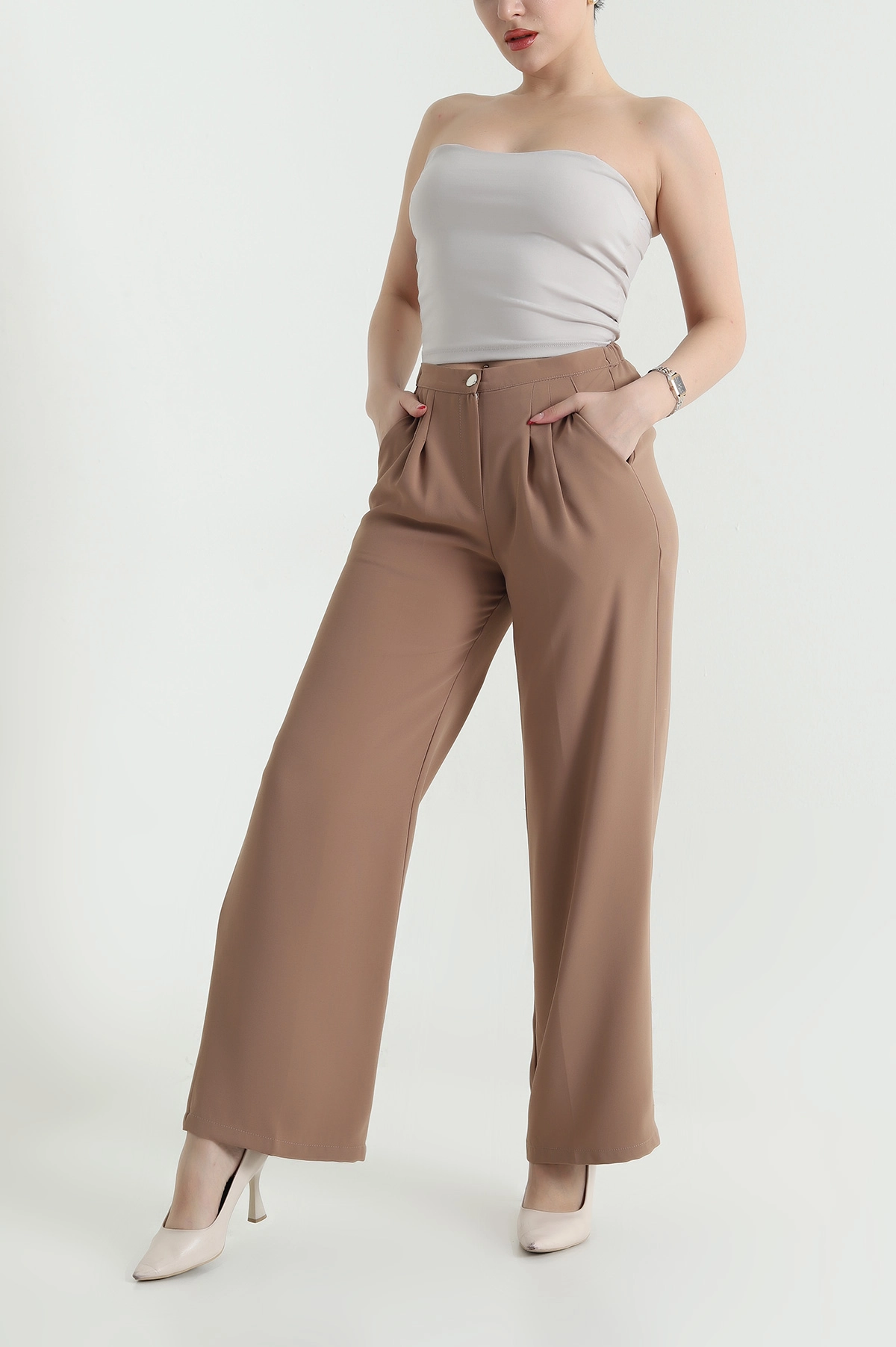 Vizon Tensel Crep Beli Lastikli Kadın Pantolon 440775